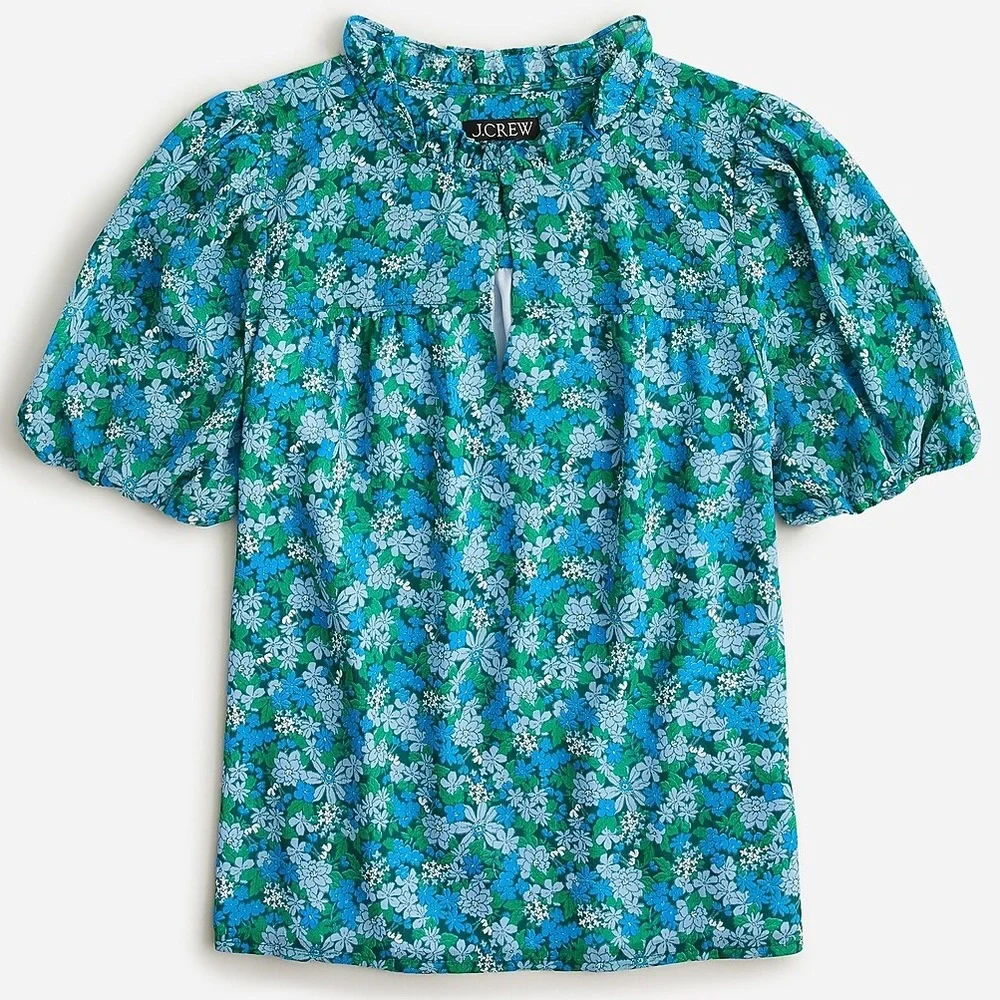 J Crew Ruffle Trim Short Sleeve Top in Hyacinth Fields Floral Print Women's S